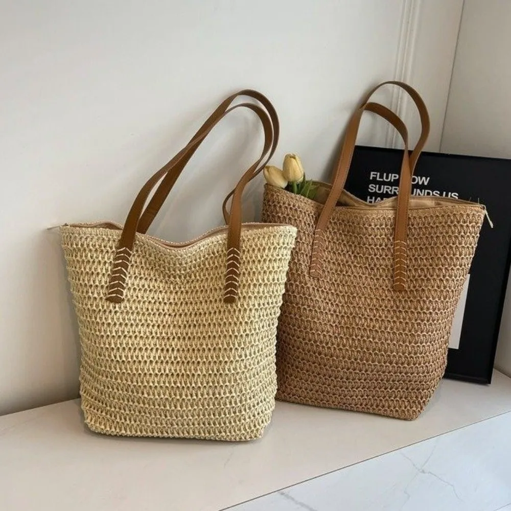 

Cute Solid Color Weave Straw Tote Bag Square Weaving Beach Handbag Large Capacity Zipper Raffia Shoulder Bag Spring