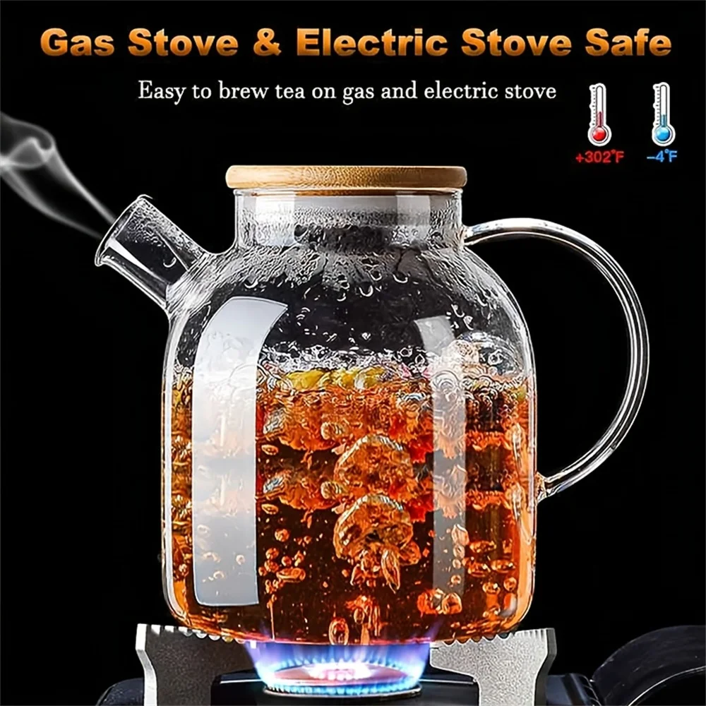 1L/1.8L Glass Teapot Bamboo Lid 1pack Glass Tea Kettle with Removable Filter Spout for Loose Leaf、Fruit Tea and Fragrant Tea