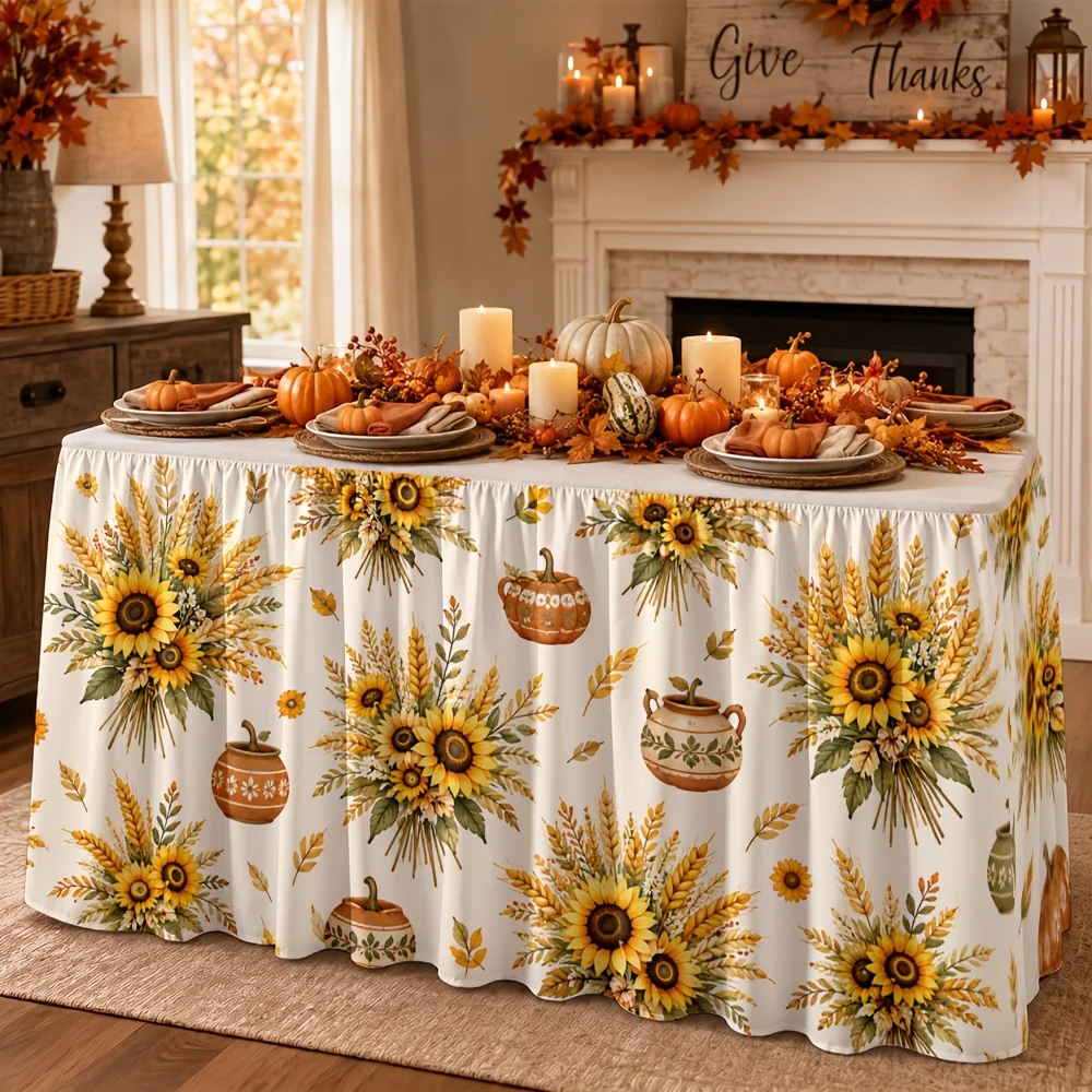 1 piece fall Thanksgiving sunflower pumpkin wheat ceramic flower pot leaf print polyester table skirt