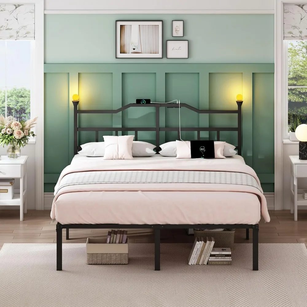 Estrutura de cama king com cabeceira, estrutura de cama de metal de 14 polegadas com luzes noturnas de entretenimento, tomadas e USB, Sla de aço básico resistente