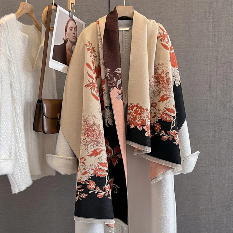 

Дизайнерские зимние теплые кашемировые шарфы, женские утепленные шаль из пашмины с цветочным принтом, элегантное женское шерстяное пончо, ветрозащитное парео