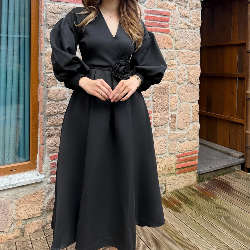 فساتين سهرة مخصصة على شكل حرف a طول الشاي ورقبة على شكل حرف v وأكمام طويلة فستان حفلات موضة الزهور وشاحات بسيطة ثنيات فستان حفلة غير رسمي #4