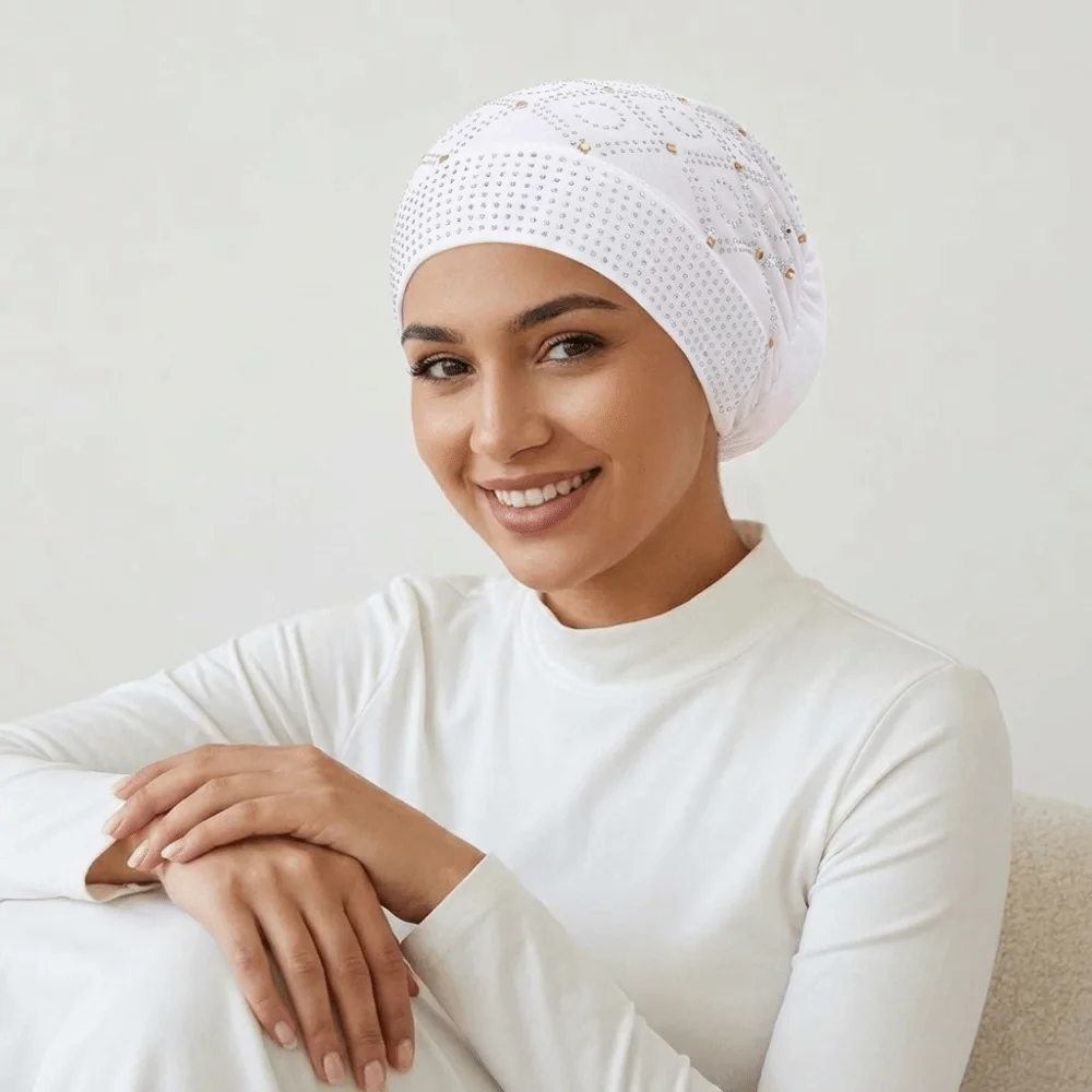 Ethnic Style Rhinestone Turban Hat Mesh Shiny Indian Headscarf Scalloped Edge Lightweight Fishtail Cap Religious Prayer