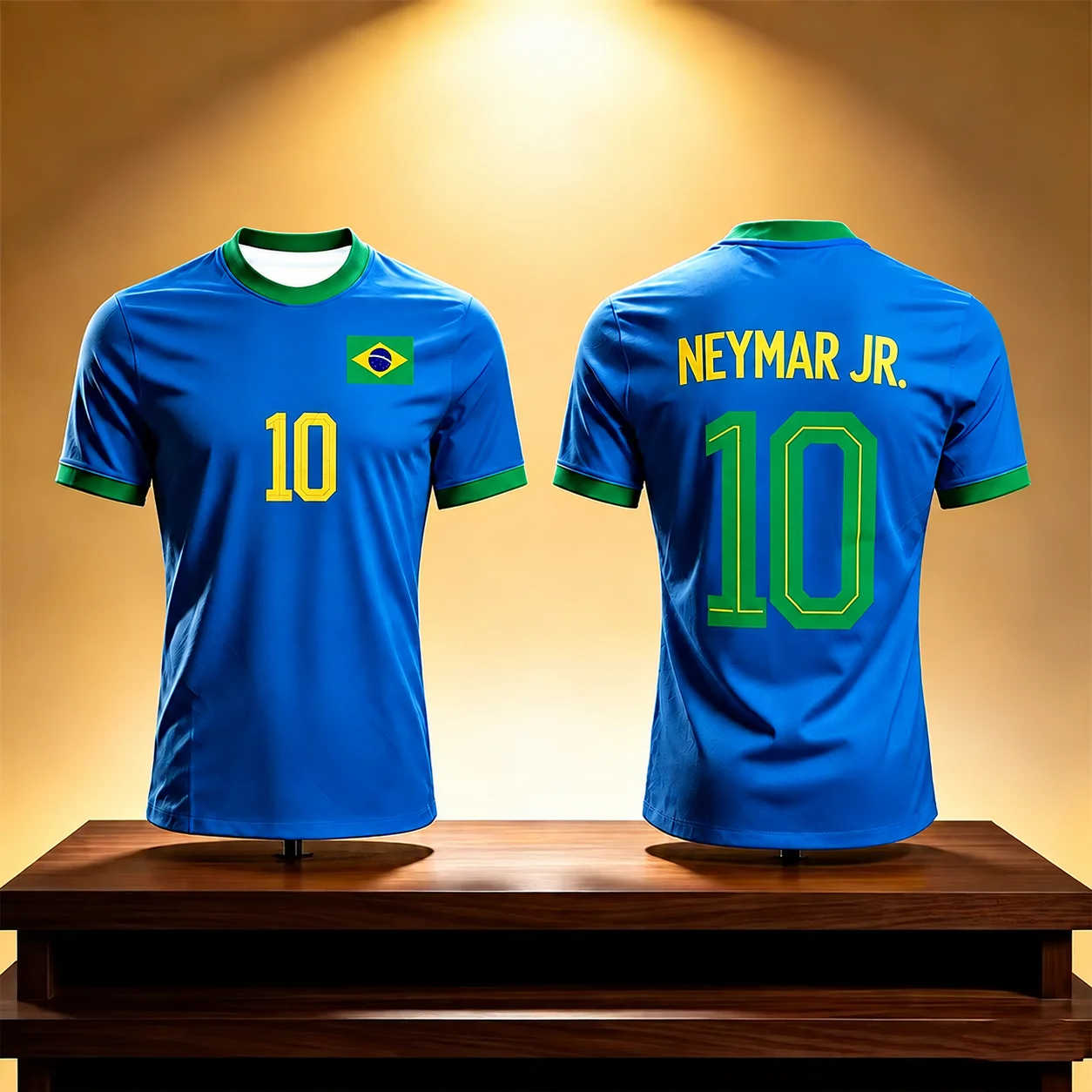 Neymar Jr 10 Brazil Soccer Jersey Royal Blue Green Trim Mens Short Sleeve Football Fan Shirt with Flag Print