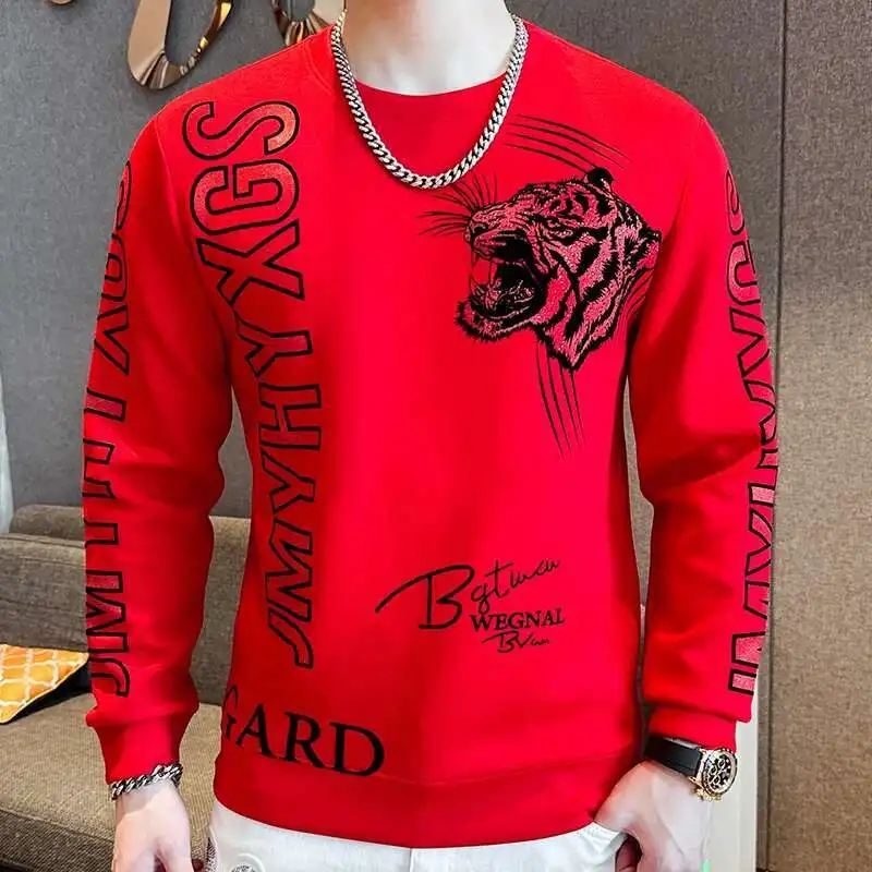 High Quality Homme Diamond Autumn Hot Drill Orange T-Shirts Social Club Outfits T Shirt Men Long Sleeve Pullover Men Clothing