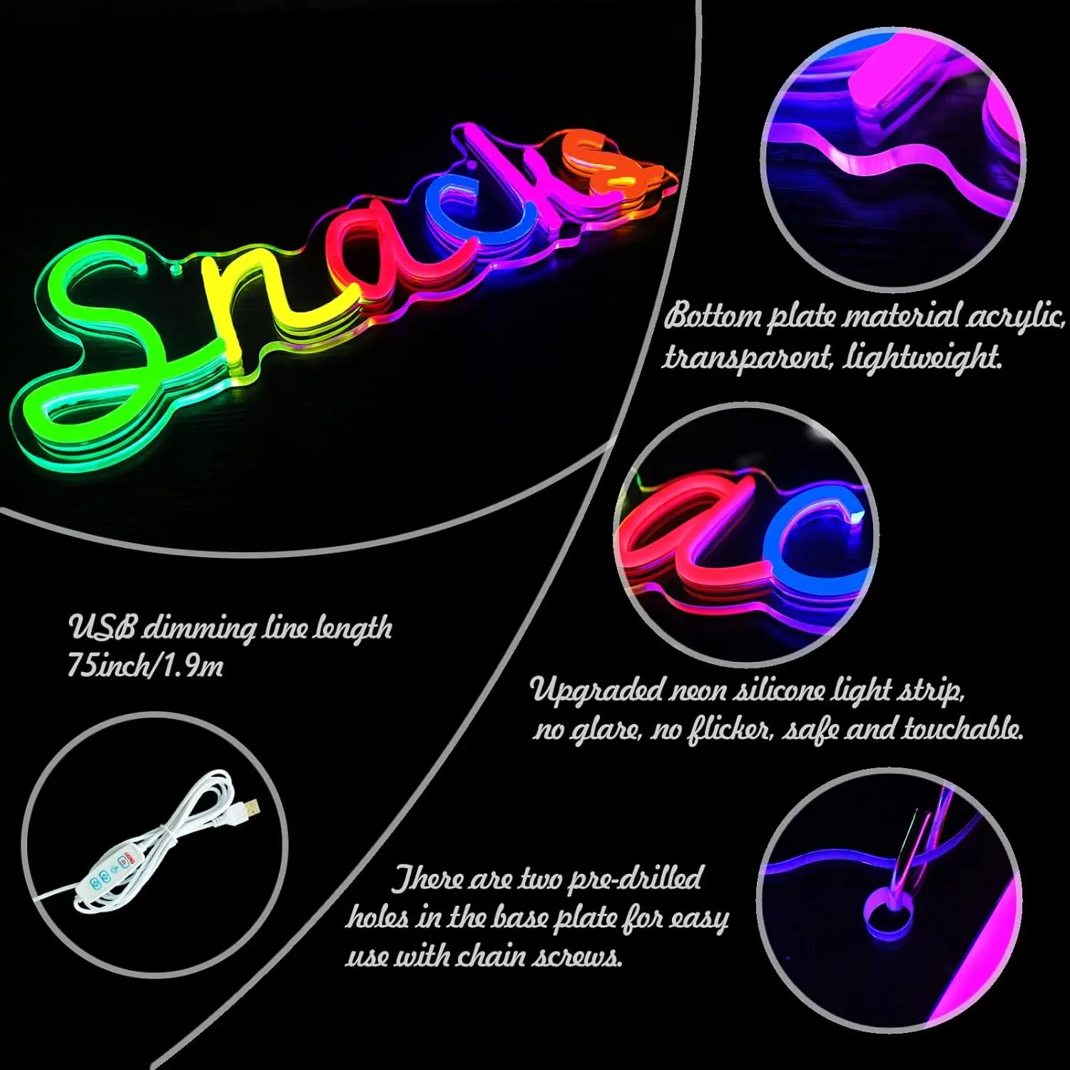 Snacks Neon Sign, Snack Bar Sign voor Wall Decor, Candy Shop Movie Theater Decor, Dimbaar USB Powered Kleurrijk