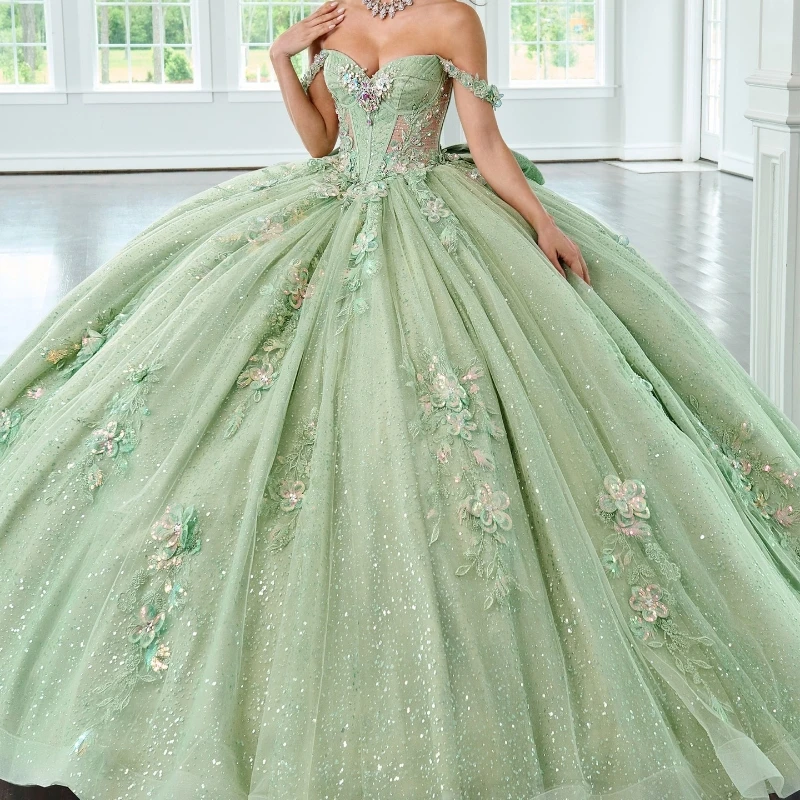 

Sage Green Shiny Quinceanera Dresses Ball Gown Lace Applique Beaded Bow Tull Corset Party Birthday Sweet 16 Vestidos De15 Anos