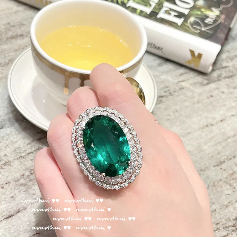Exaggerated 12 Carat Pigeon Egg Lab Emerald Crystal Jewelry Set 925 Silver Color Green Cubic Zirconia Fashion Open Ring Necklace