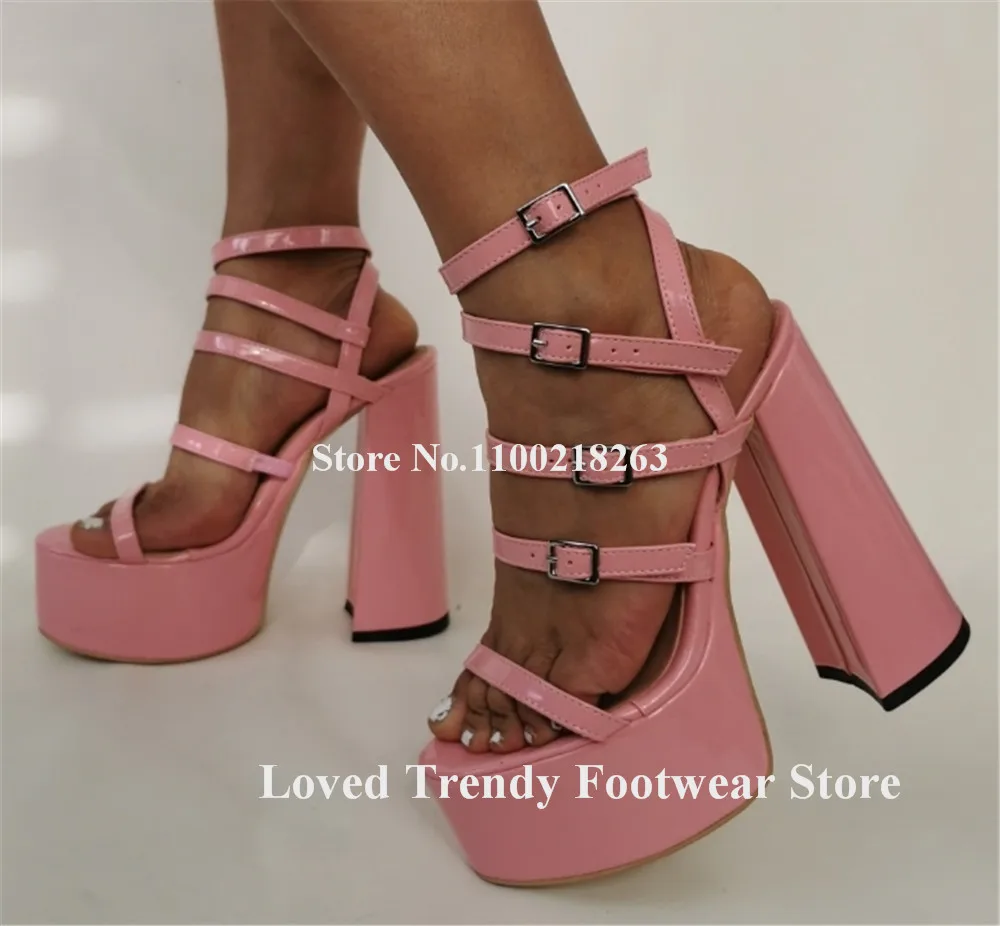 

Emeline Dubois Sexy Pink Patent Leather Thin Straps Cross Block Heel Sandals Open Toe High Platform Thick Heel Party Heels