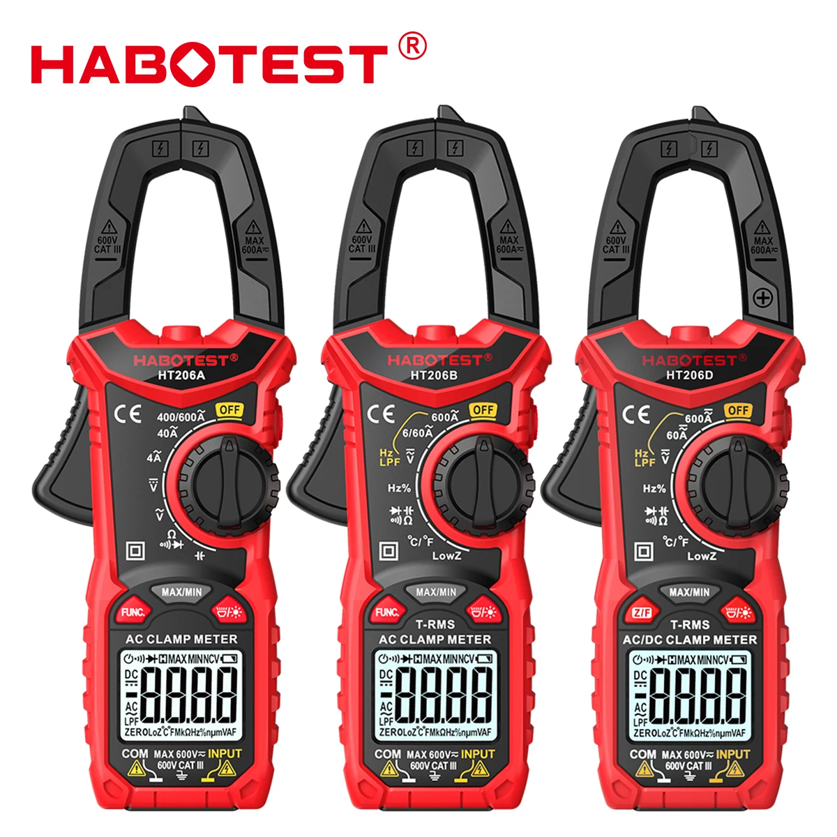 HABOTEST HT206 Clamp Meter DC/AC Current 600A Digital Clamp Meter Ammeter Voltage Tester Amp Hz Capacitance NCV Ohm Test