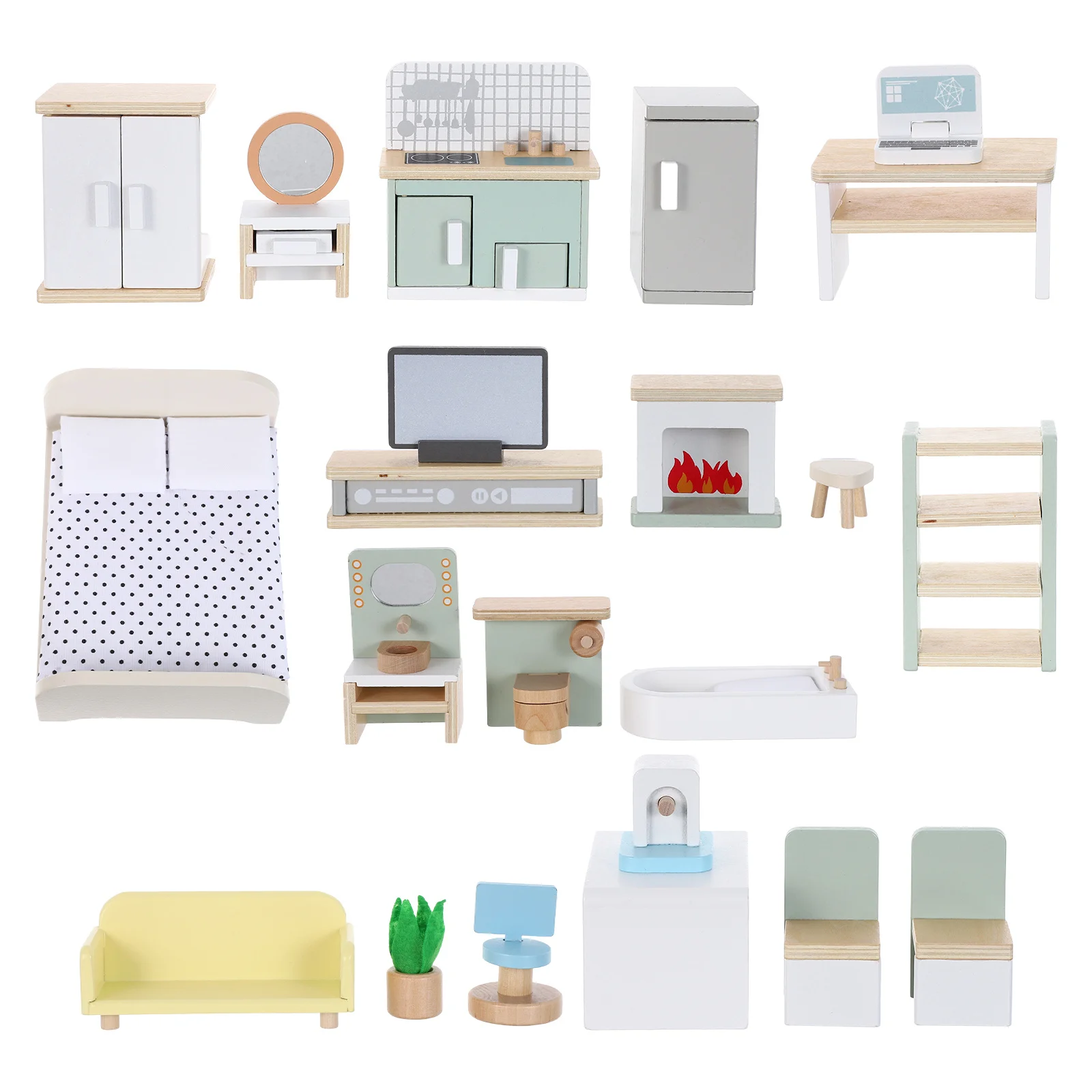 1 set mini-meubels houten poppenhuis keuken slaapkamer badkamer speelset voor kinderen fantasiespel klein huis simulatieaccessoires