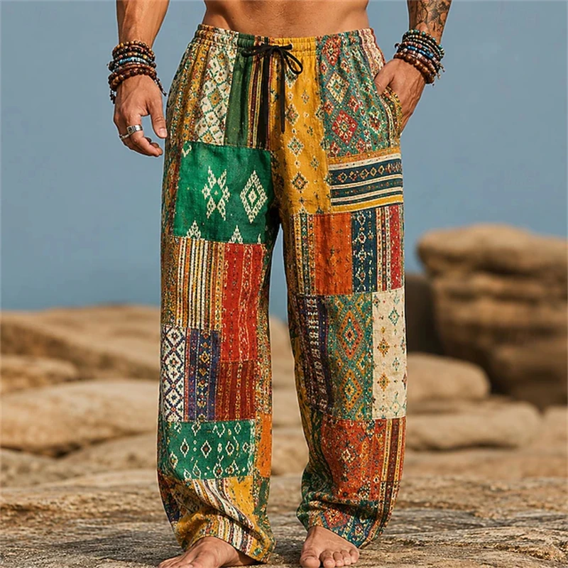 Men's Color-Blocked Patchwork Pants with Mid-Rise Drawstring Elastic Waistband Hawaiian-Style Casual Outdoor Straight-Leg Pants