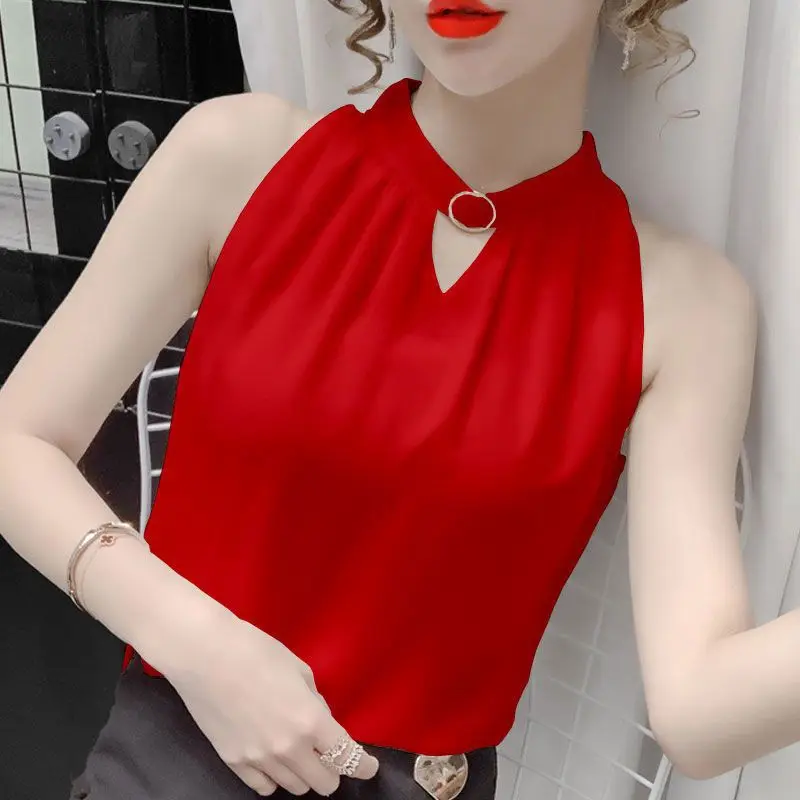 2024 New Solid Sleeveless Chiffon Interior Lapping Ladies Fashion Pullovers T-Shirts Shirts Summer All-match White T-Shirts