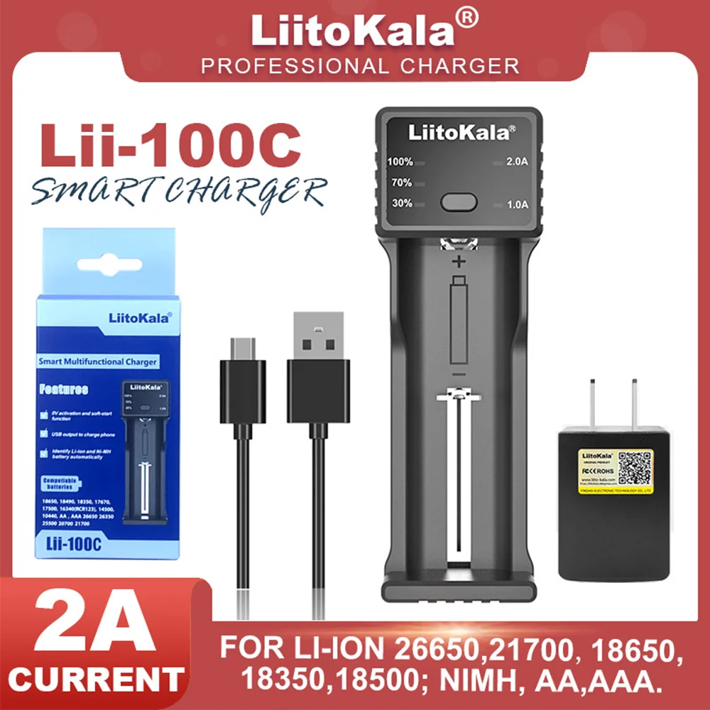 LiitoKala 100C D4XL 21700 Rechargeable Battery Charger For 3.7V 18650 18350 26650 1.2V AA AAA Ni-MH C 2A Fast Charge USB Output