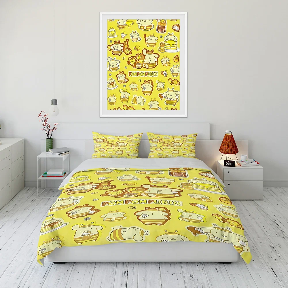 Sanrio Pom Pom Purin Yellow Cute Dog Polyester Bed Cover Set 3d Children Bedding Set Twin Size Bedding Sets King Quilt