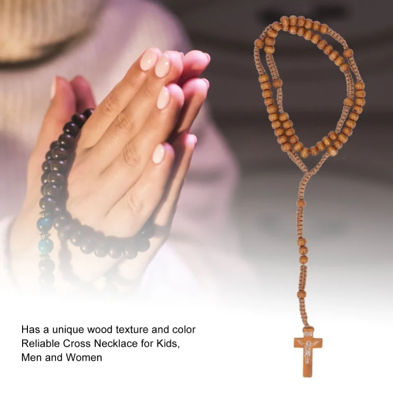 10pcs Wooden Rosary Jesus Imprint Catholic Unisex Style Natural Wooden Bead Cross Rosary Necklace Jewelry For Men Women Light
