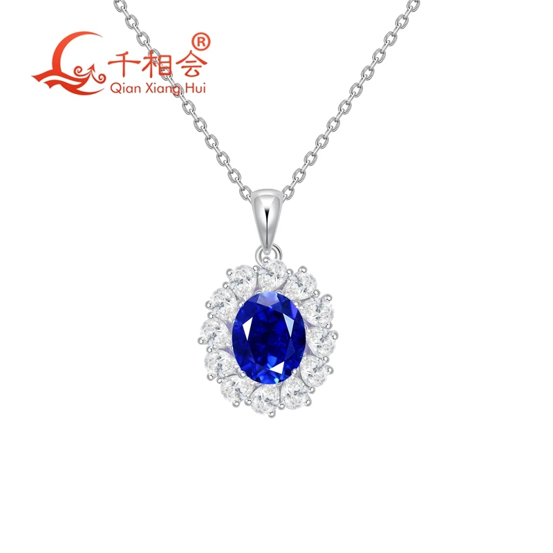 8x10mm  925 Silver Pendant Necklace with Red Pink Blue Lab Grown Ruby Sapphire Inclusion Stone Pear Moissanite - Jewelry