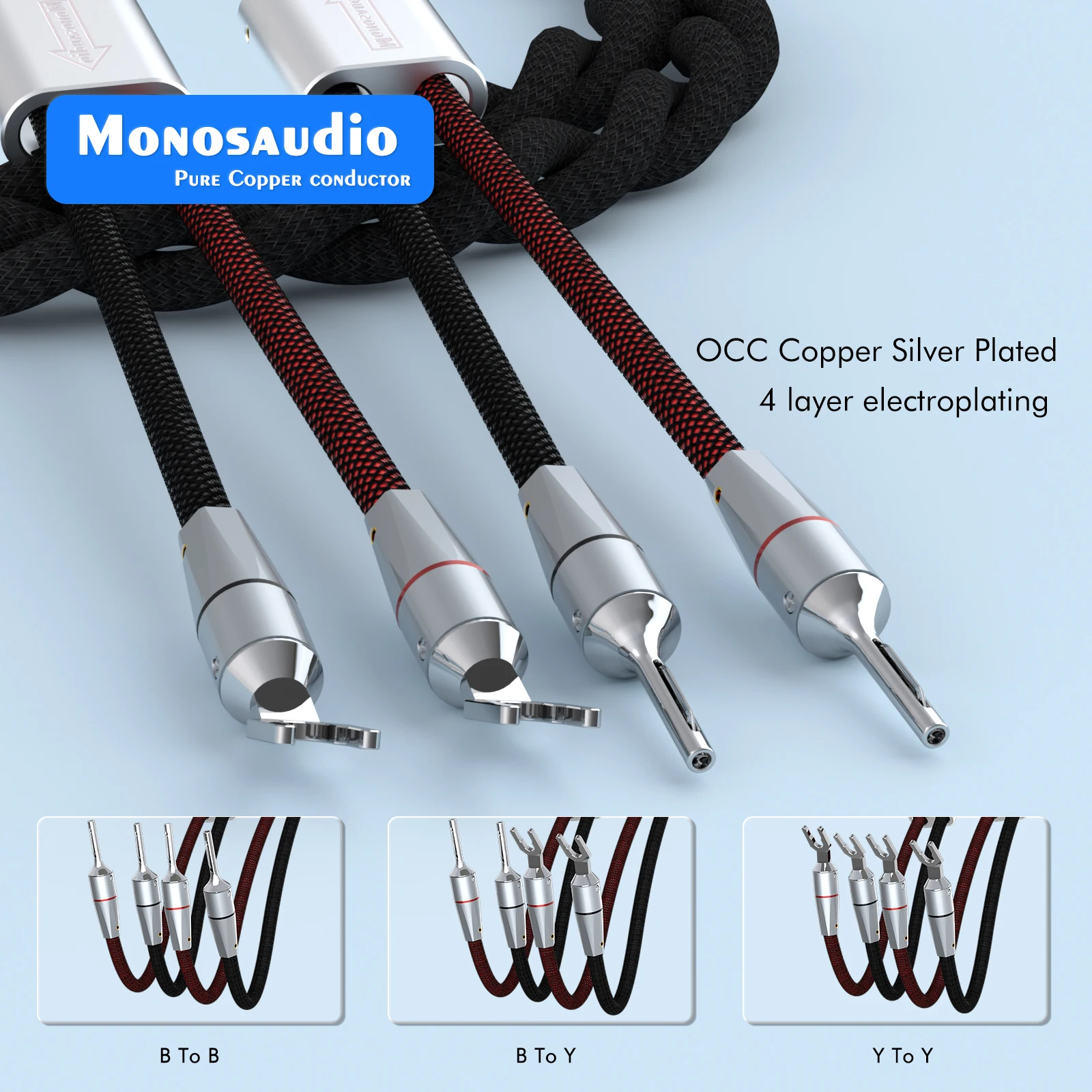 Monosaudio HiFi Speaker Cable  Audio Cables Banana Connector To Y Plug  OCC Silver Plated Wire For Amplifier System