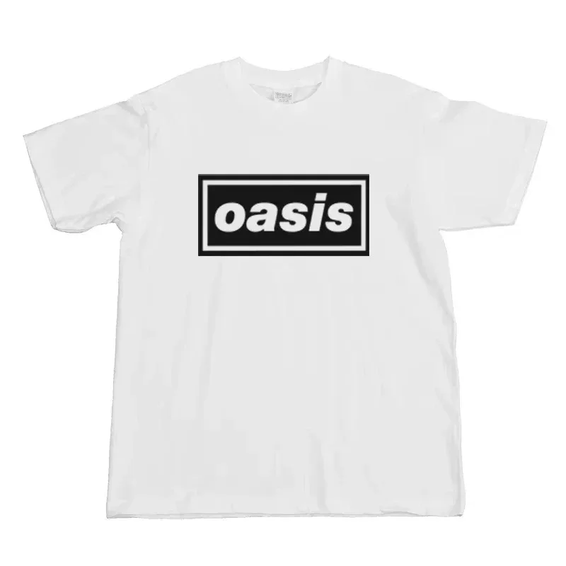 2026 Oasis Band Box Logo Print T-Shirt Unisex Black Short Sleeve Tee Classic White Rectangle Oasis Text Front Print Rock Music