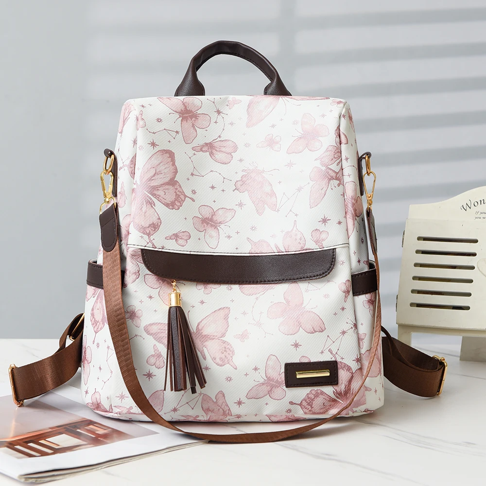 2024 New Printed Fashion Women's Anti Theft Backpack Soft Leather Lightweight And Versatile Single Shoulder Bag For Women