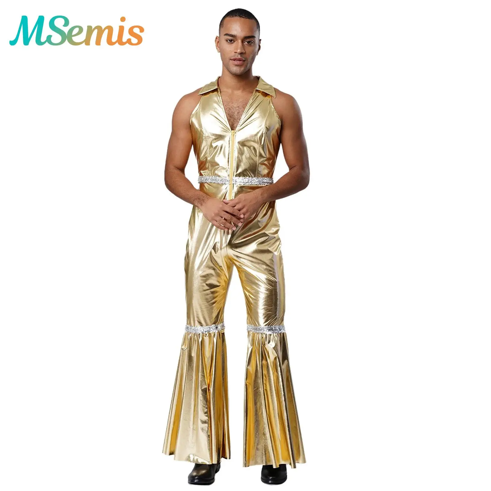 

Мужской ретро-вечеринка, джазовый танцевальный костюм 70-х годов, диско-боди, комбинезон на молнии спереди с блестками, длинные брюки-клеш, комбинезон