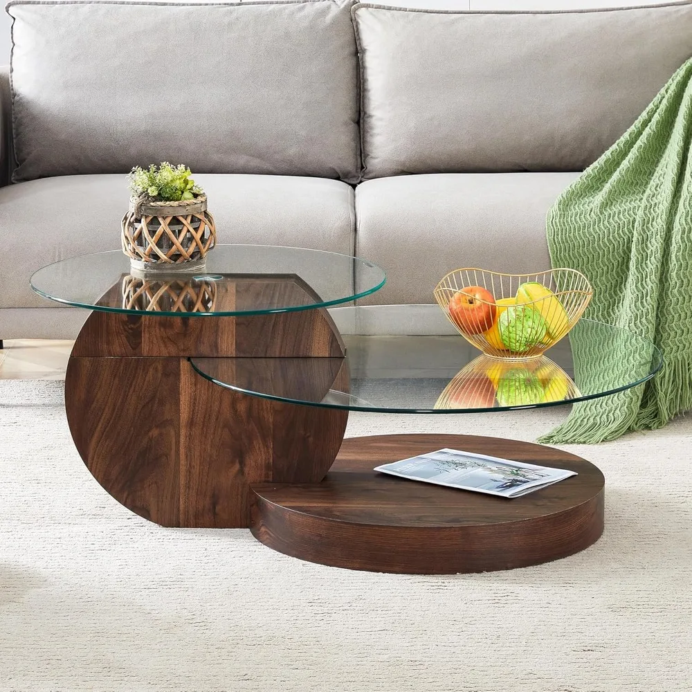 

Round Glass Coffee Table, Modern Tempered Glass Coffee Tables for Living Room, 3-Tier Circle Walnut Coffee Table with Storage