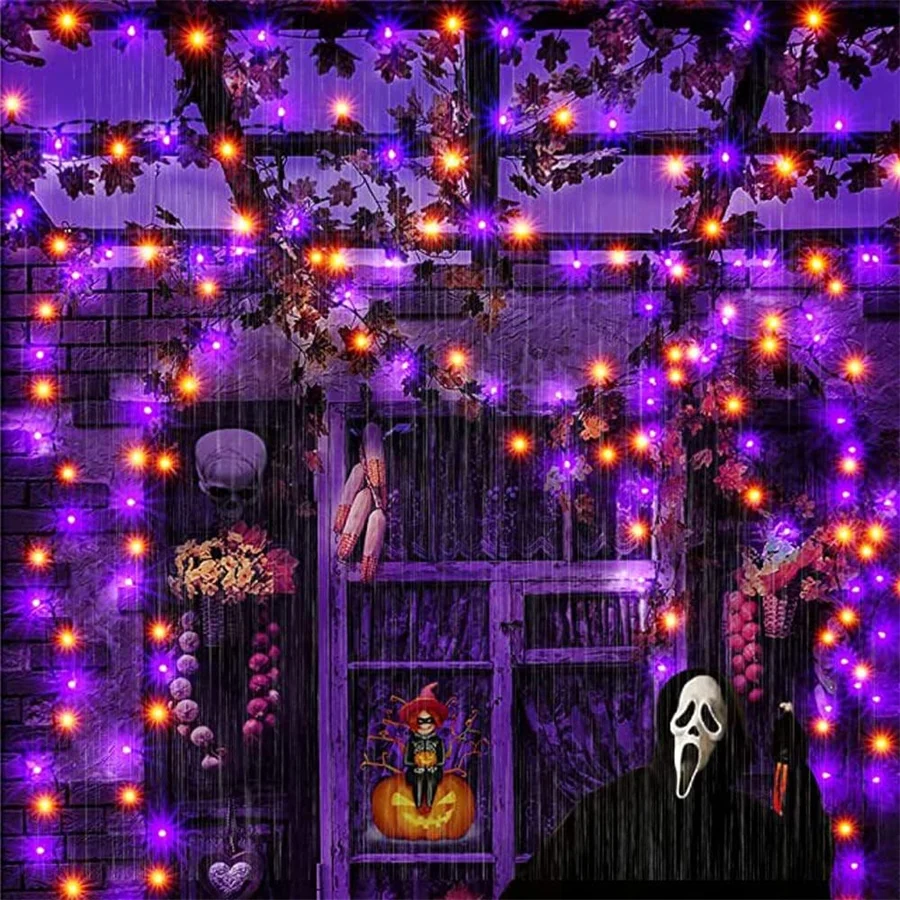 100M 1000 LED Pomarańczowe i fioletowe lampki na Halloween Zewnętrzna girlanda żarówkowa na Halloween Wodoodporna wtyczka w pomarańczowych fioletowych lampek świątecznych