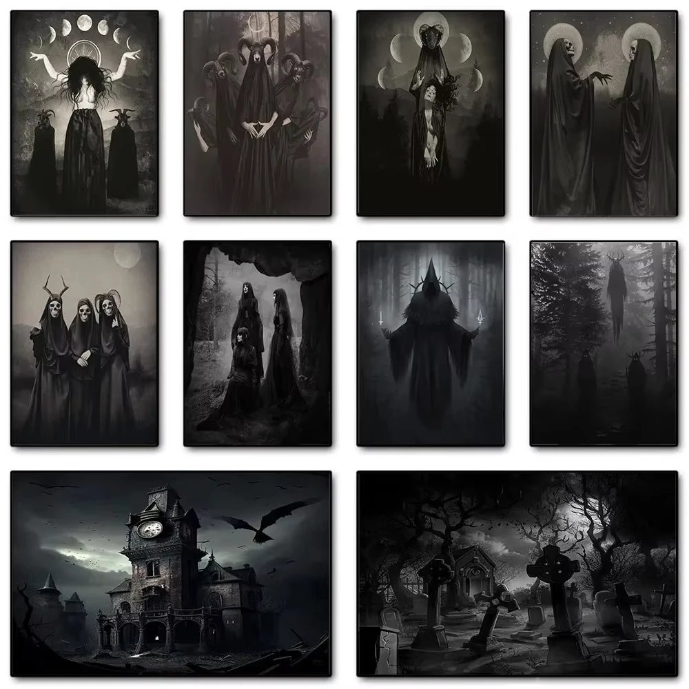AA Dark Academia Art Black Death Poster Prints For Living Room Home Decor Nordic Gothic Horror Witch Canvas  Wall Art