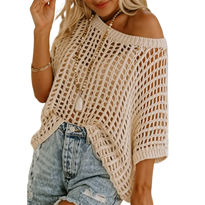 

beach holiday knitted hollow out smock women summer fashion pure color off shoulder pullover tops casual loose shirts ladies