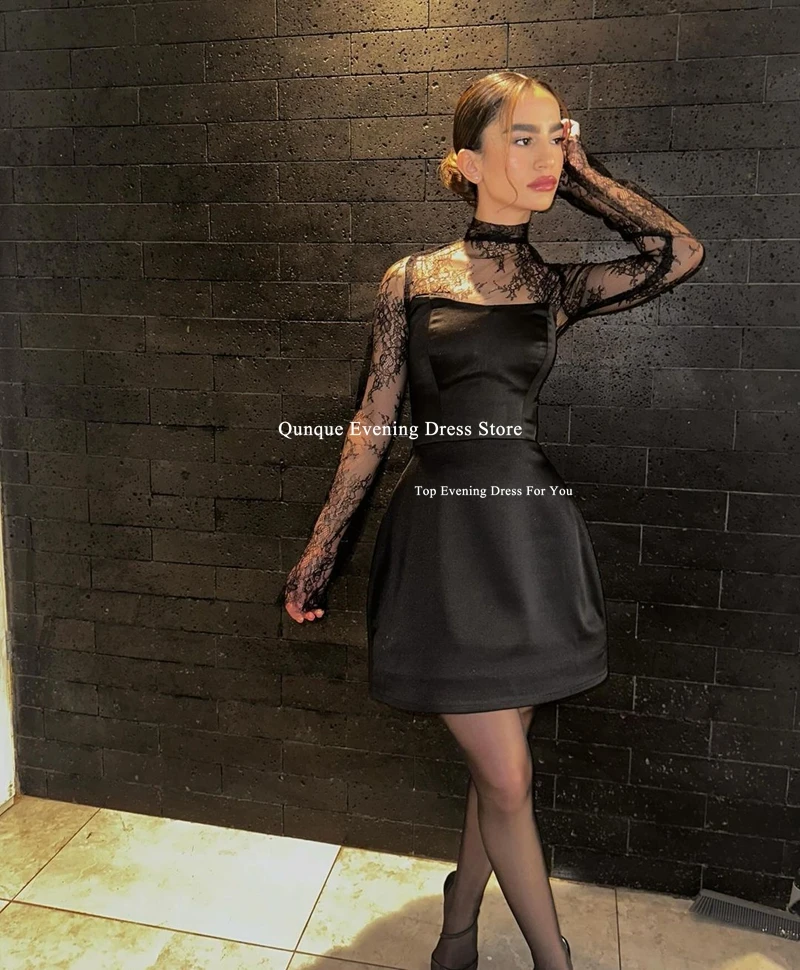 Qunque Short Prom Party Dresses High Neck Evening Gowns Customized Lace Cap Sleeves Formal Event Dress Vestidos De Graduación