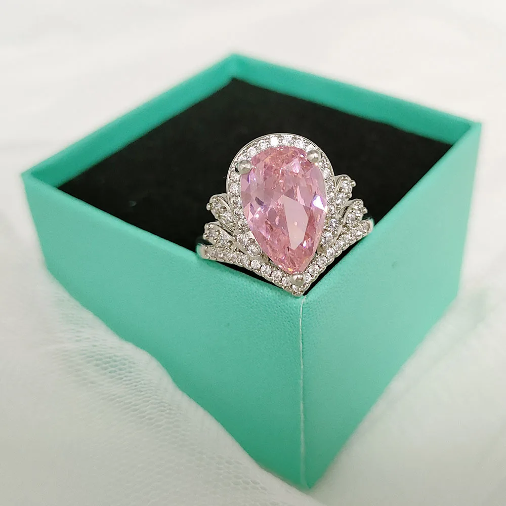 Classic High-quality - Luxurious Crown High-carat Diamond Teardrop-shaped Imitation Pink Tourmaline Gemstone Open Ring
