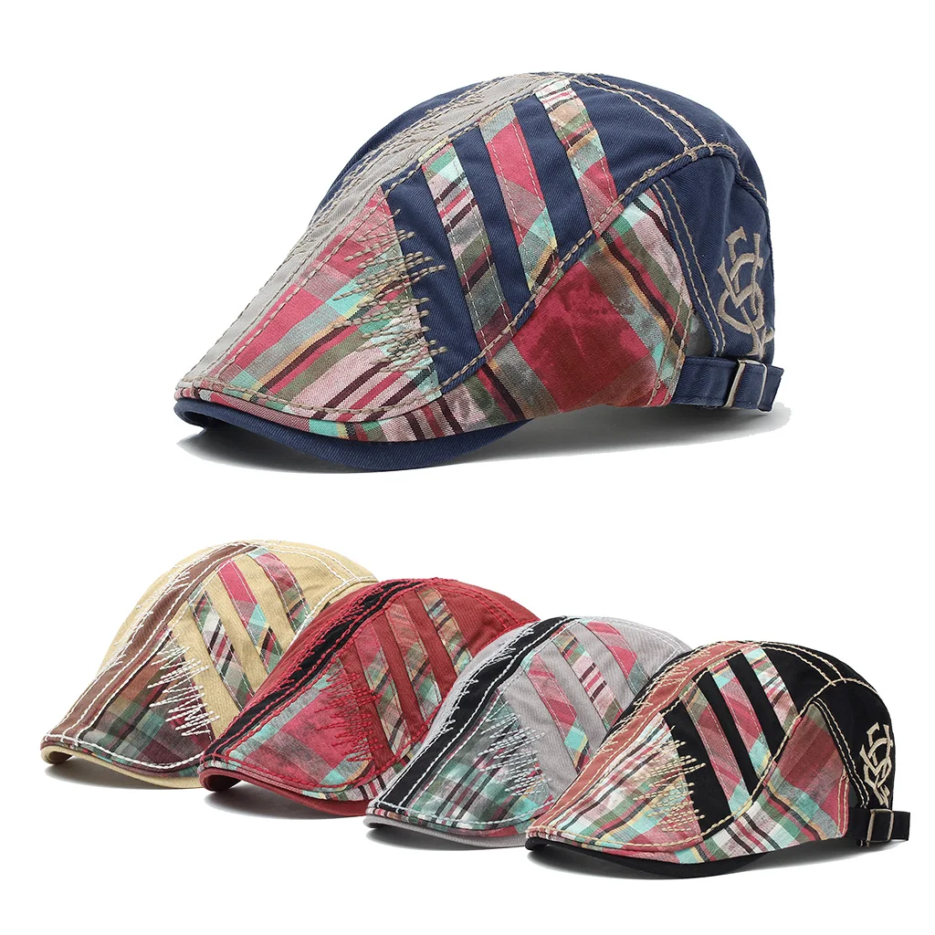 

Europ American Leisure Forward Hat Men Irregular Embroidered Beret Plaid Spliced Baseball Cap Male Spring Autumn Sunshade Women