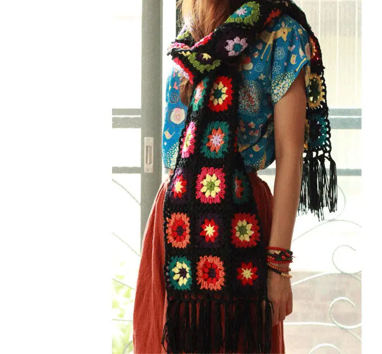 Fugusen women Sen scarves handmade women hollowed-out artistic style printed wool shawl tassel rectangular scarf female tops