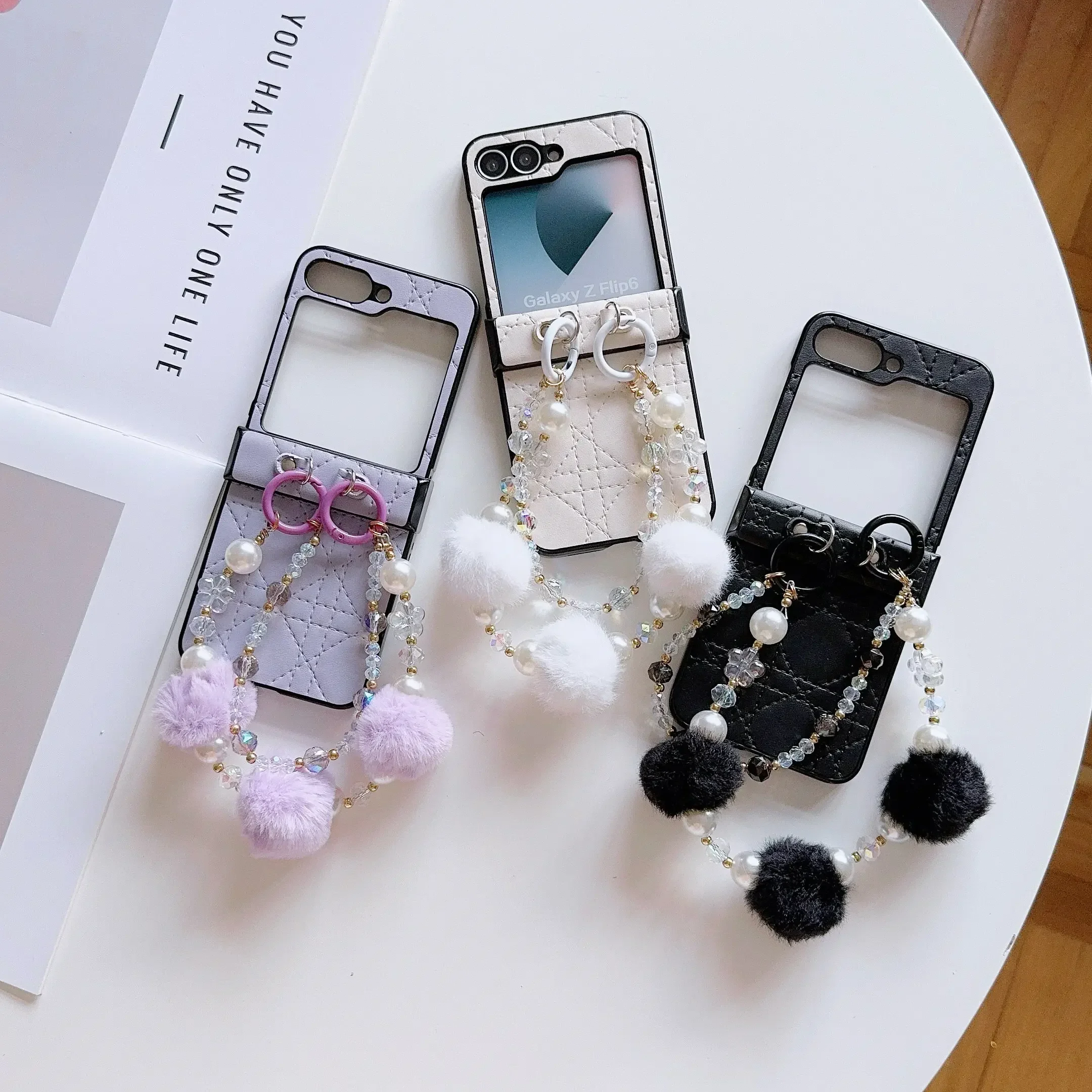 PU Leather Colorful Bead Cute Bobbles Wrist Strap Phone Case for Samsung Galaxy Z Flip 6 5 4 3 Hinge Protection Shockproof Cover