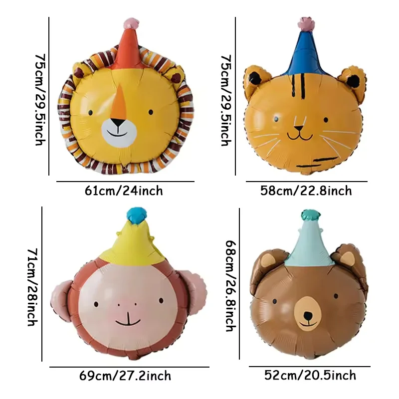 4pcs Mix Animal Head Aluminum Film Balloons Lovely Monkey Cat Lion Bear Kids Birthday Foil Ballon Photography Prop Party Favors image 6