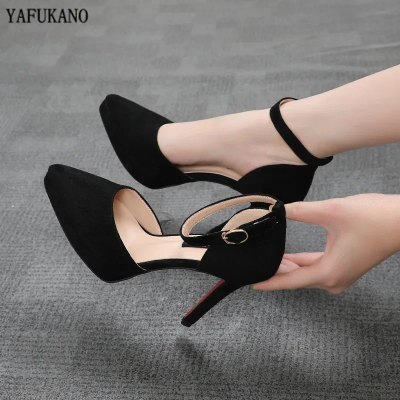 Sexy Platform High Heels Thin Heels Pointed Toe Women Single Shoes Word Buckle Pumps Mid Hollow Solid Flock Work Shoe Size 32 33