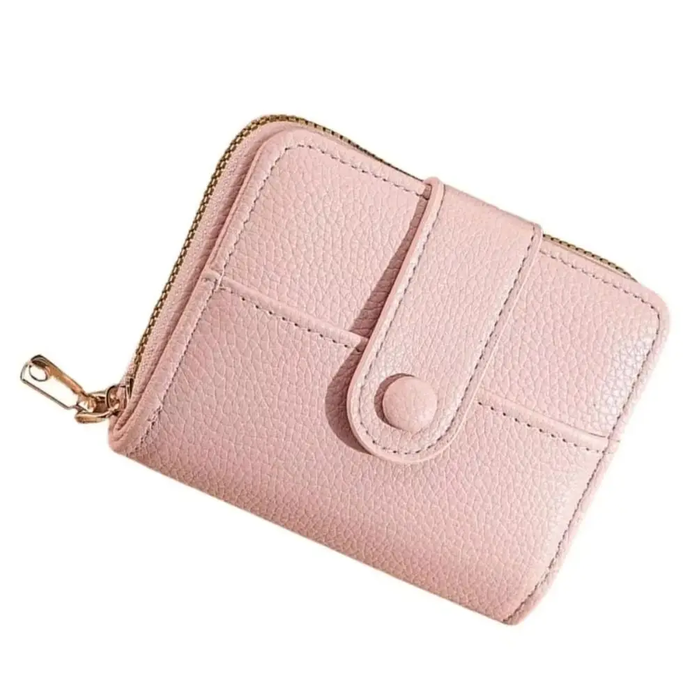 Fashion Elegant Women Short Wallet Pu Leather Zipper Business Purse Solid Color Lychee Pattern Bank/ID/Credit Card Holder Woman