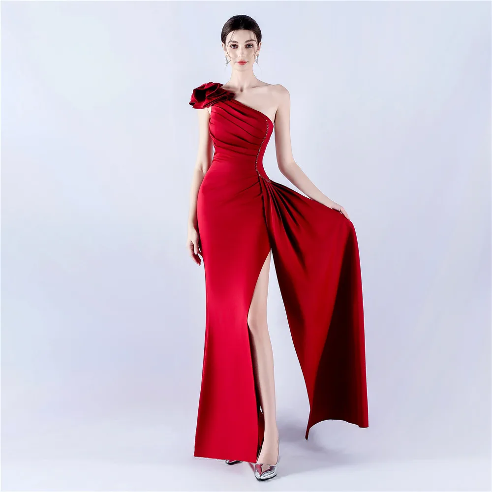 

Red One Shoulder Evening Dress Women Satin Flower Applique Pleated Bodice High Slit Draped Mermaid Floor Length Prom Formal Gown