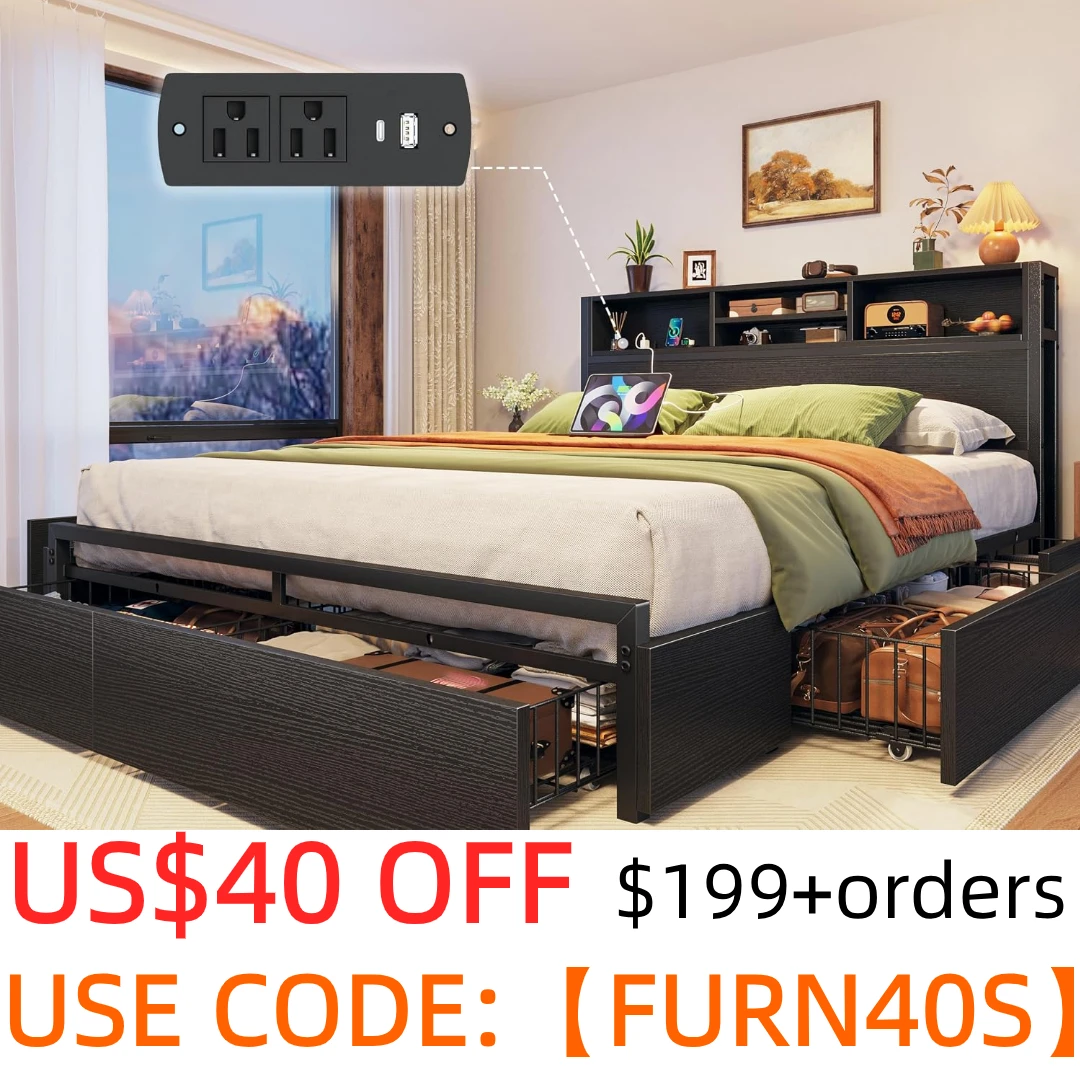 EnHomee Full/Queen/King Bed Frame with 6 Storage Drawers & Charging Station Metal Platform Bed Frame with Bookcase Headboard,No Noise