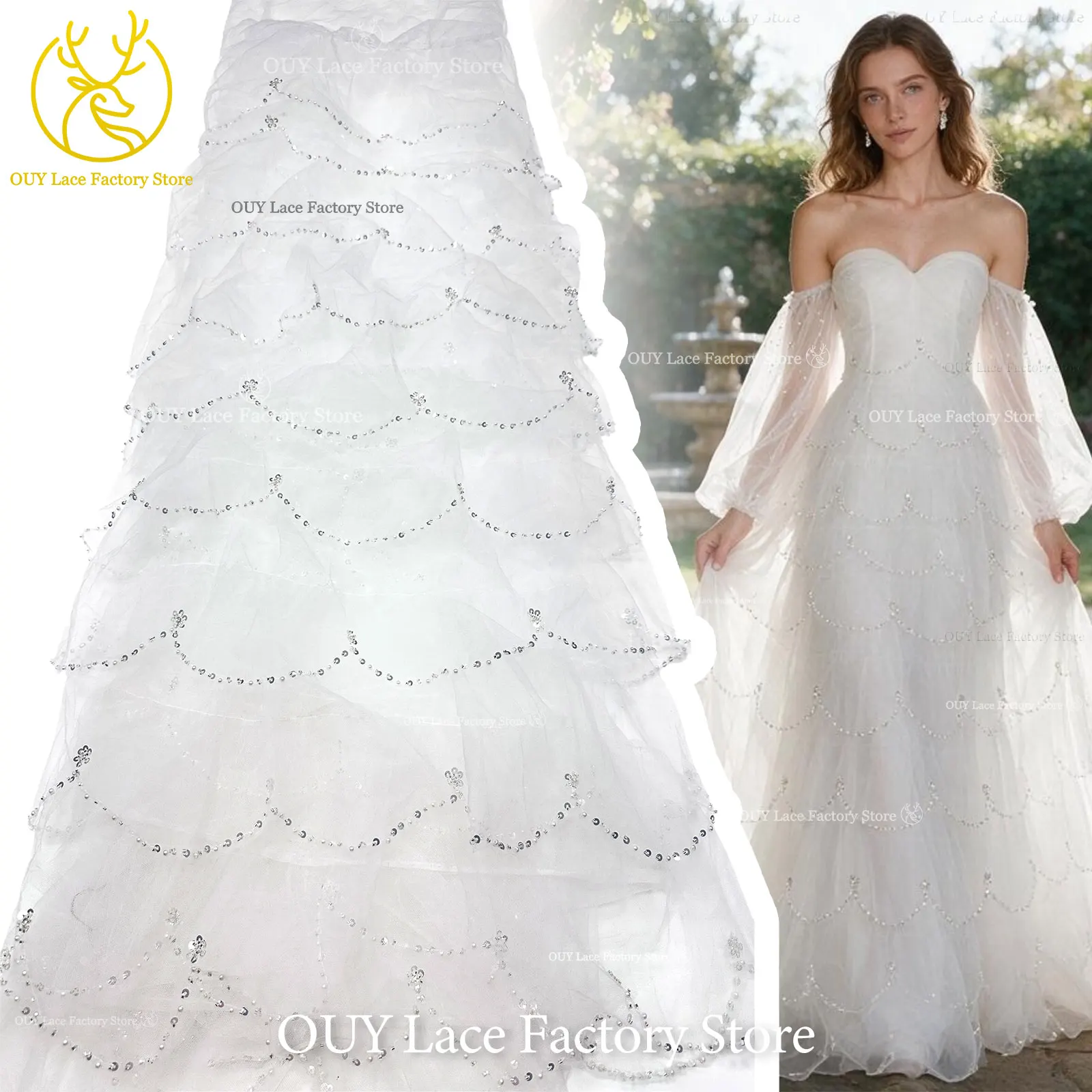 White Bridal Wedding Tulle Lace Fabric, Elegant 3D Wavy Mesh Sequin Lace, 5 Yards for Women Wedding Banquet Party Gown Sewing