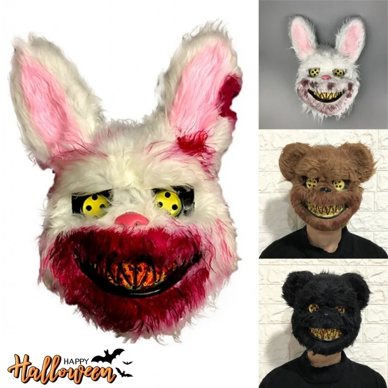 Halloween Cosplay Scary Rabbit Bear Plush Mask Role‑Play Mask Prop Horror Animal Headcover For Masquerade Carnival Party Costume