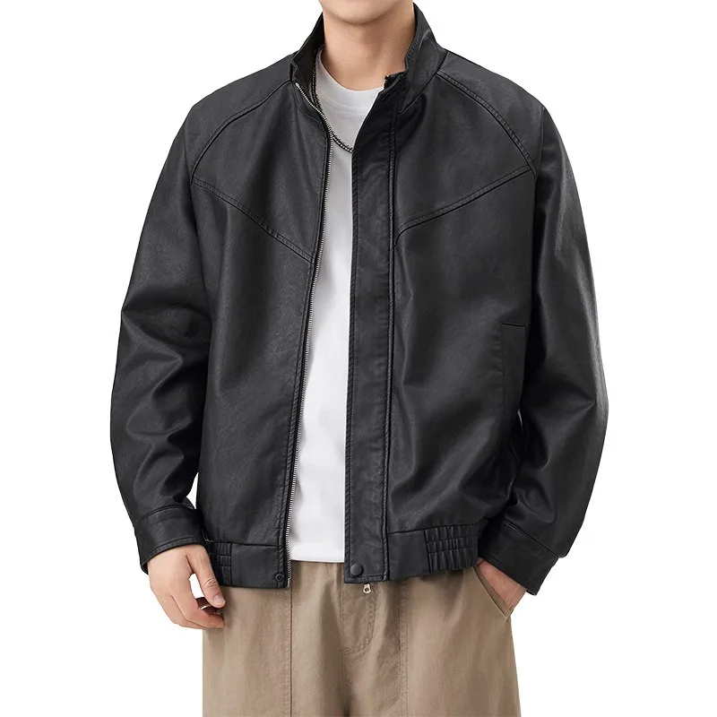 Men's Jackets,Autumn New Stand-up Collar Retro Locomotive Leather Jacket Trendy Jacket Men's New Casual Coat Leather Jacket Coat