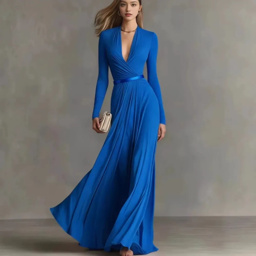 Elegantes Sexy Damen-Maxikleid mit Tiefem V-Ausschnitt, Schlanker Schnitt, Frühling Herbst, Einfarbig, Langarm, Lässiges Partykleid mit Gürtel, Modische Straßenmode