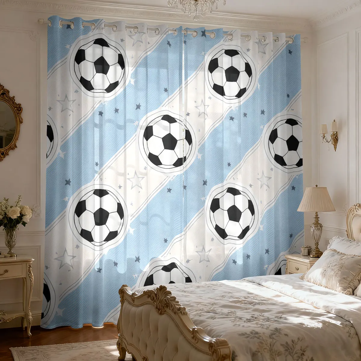 Minimalist Soccer Football Print Window Curtain 90GSM Light Filtering Sports Theme Drapes for Boys Bedroom Living Room