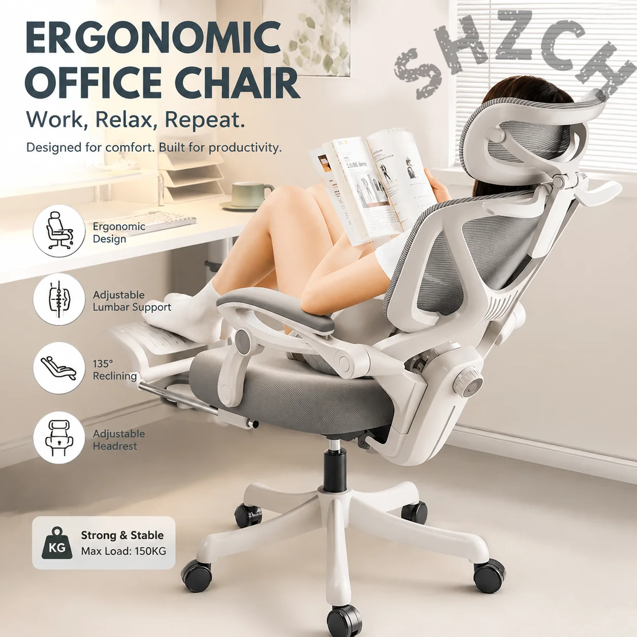 Ergonomic High-Back Office Chair with Adjustable Lumbar Support, Recline Function & Seat Height Control for Home or Professiona