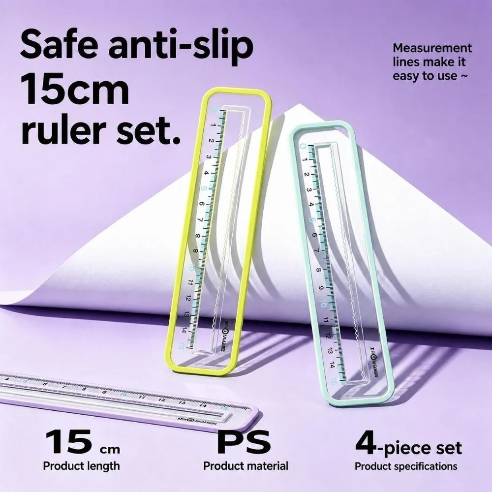 4Pcs Plastic Ruler Set Non-Slip Math Drawing Stationery Geometry Ruler Kit Soft Wrapped Edge Drawing Measuring Ruler