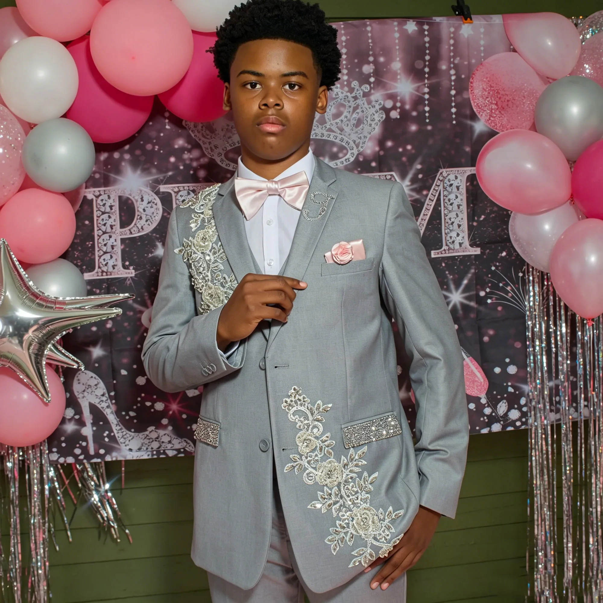 

Gray 3 Pieces Suit Set Rhinestone Embroidery Blazer Vest Pants Tie Kids Prom Wedding Tuxedo African Youth Formal Party Ou