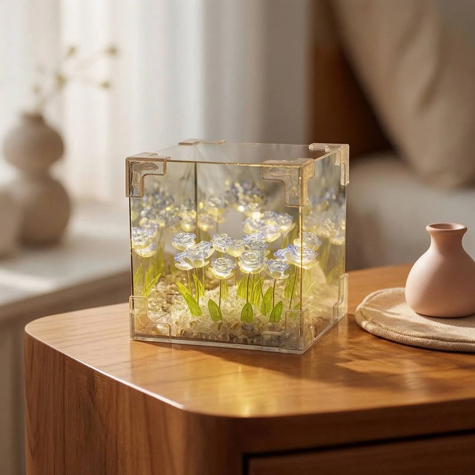Rose Lamp with Acrylic Cube Floral Rose Night Light Flower Night Light Transparent Flower Lamp Decorative for Bedroom, Desk view 6