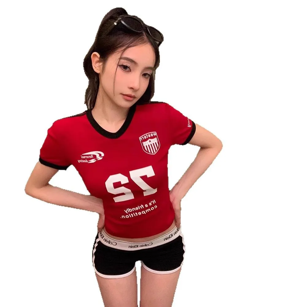 الرجعية الأمريكية إلكتروني طباعة كتلة اللون الخامس الرقبة قصيرة الأكمام تي شيرت المرأة الصيف مثير عالية الخصر نمط قصير جولة الرقبة أعلى #5