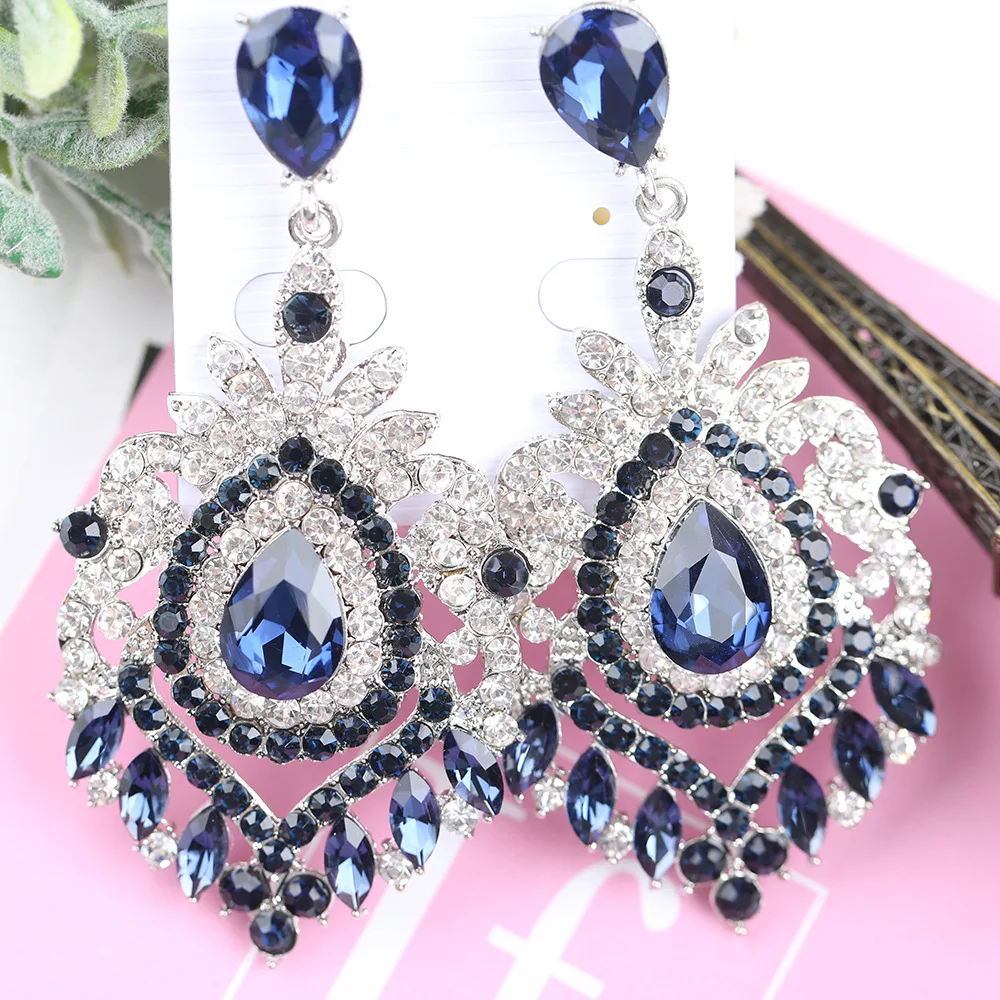 Vintage Statement Jewelry Wholesale Wedding Long Green Emerald Crystal Rhinestone Chandelier Dangle Drop Earrings for Women